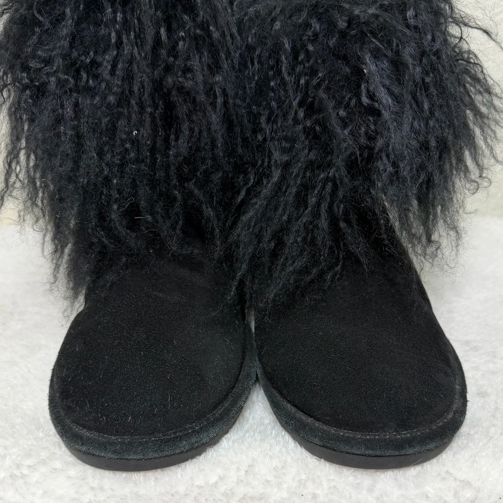 Bearpaw Boo Bootie Winter Boot Fuzzy Lamb Fur Cuff Suede Black Size 9